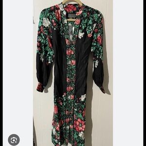 Anthropologie Black Floral Midi Dress with Red, Green & White Accents